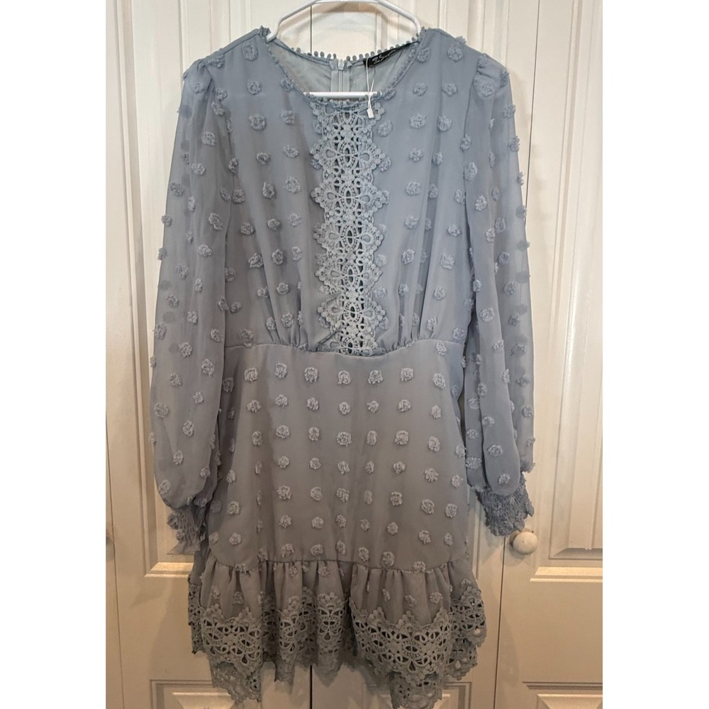 Simplee Women's Blue Swiss Dot Lace Trim Long Sleeve Mini Dress Size S Boho